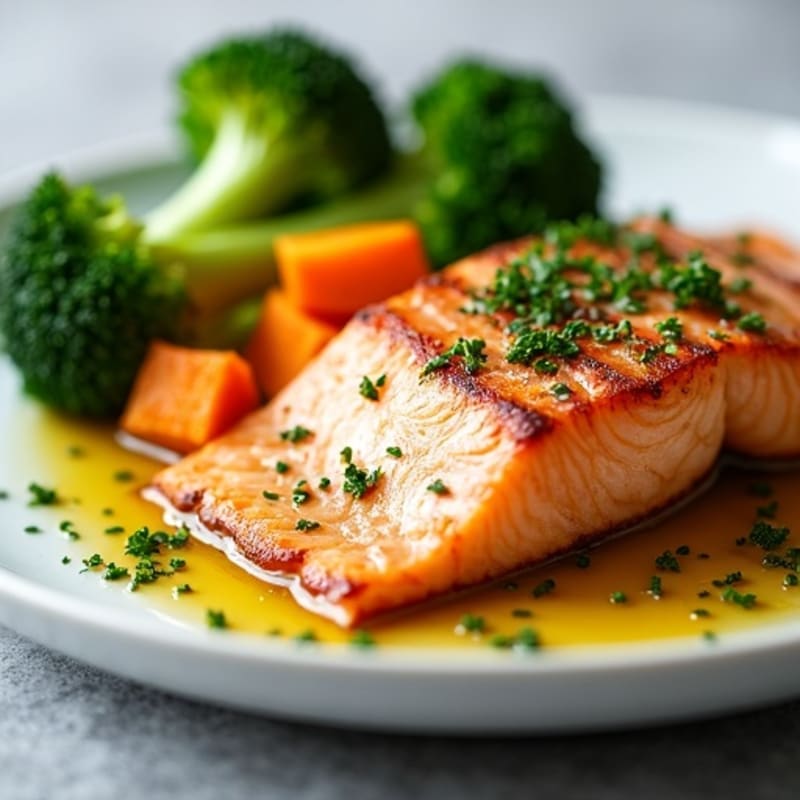Seared Salmon with Herb Roasted Sweet Potatoes and Steamed Broccoli