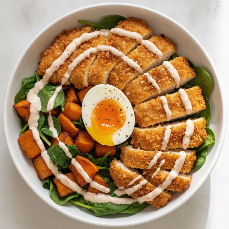 Breaded Chicken and Egg Power Bowl