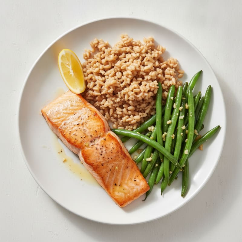 Seared Salmon with Garlic Green Beans and Brown Rice