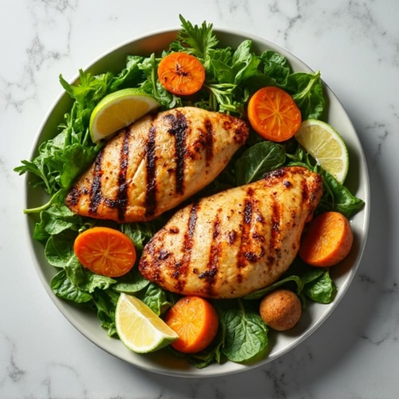 Grilled Chicken with Roasted Sweet Potatoes and Fresh Greens