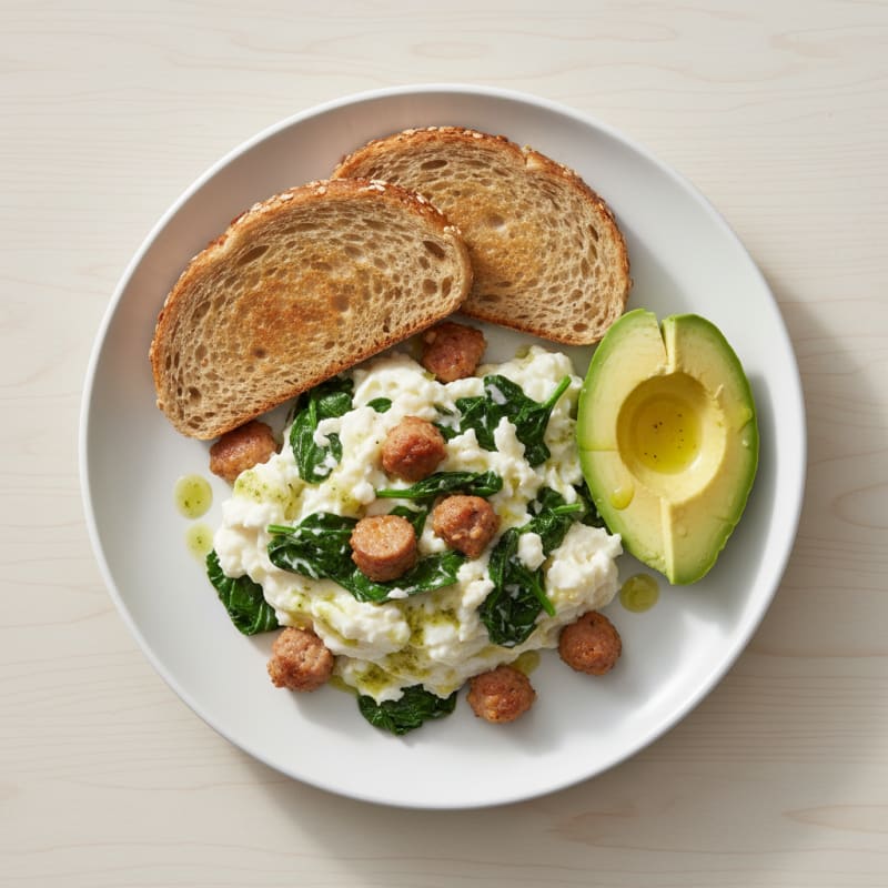 Egg White Scramble with Turkey Sausage and Sautéed Spinach