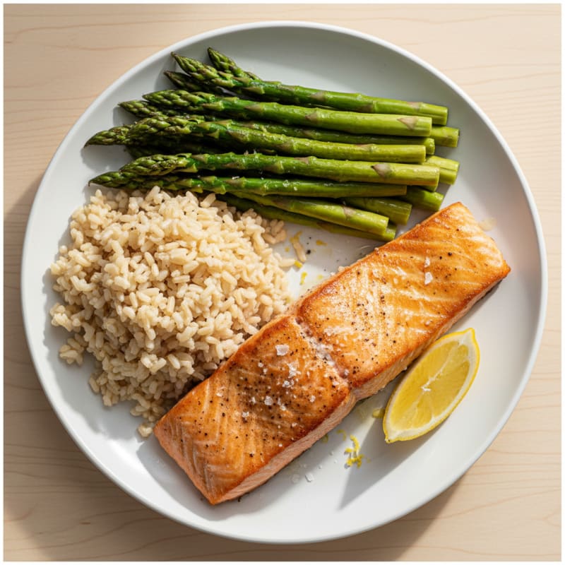Seared Salmon with Steamed Asparagus and Brown Rice