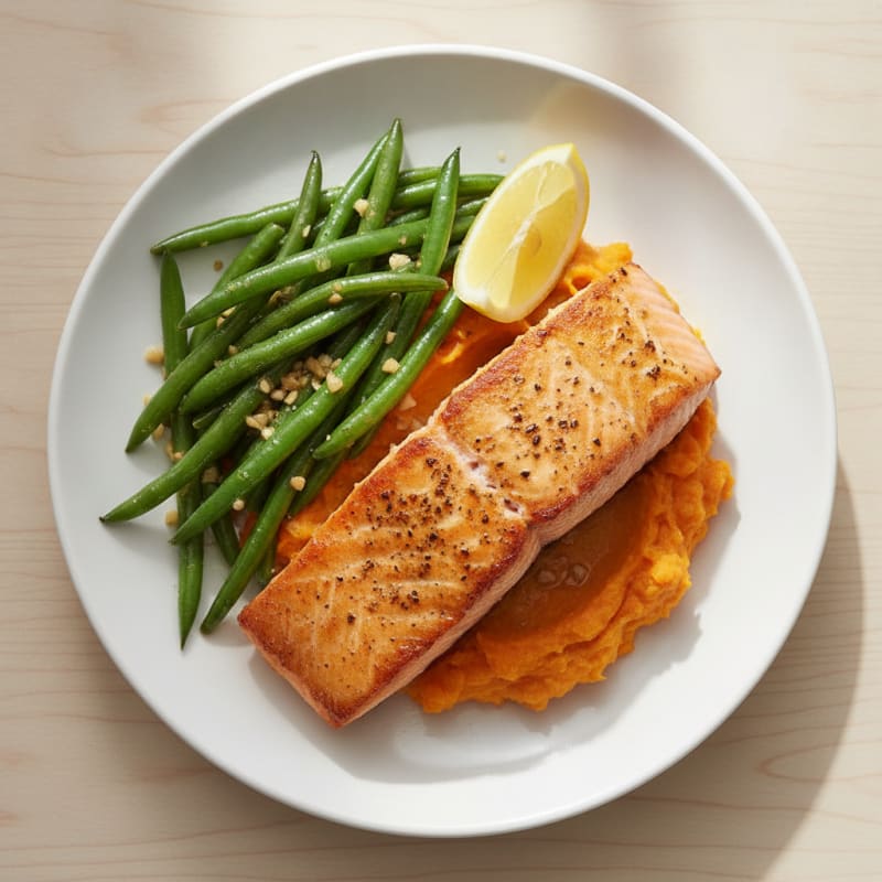 Seared Salmon with Garlic Green Beans and Sweet Potato Mash