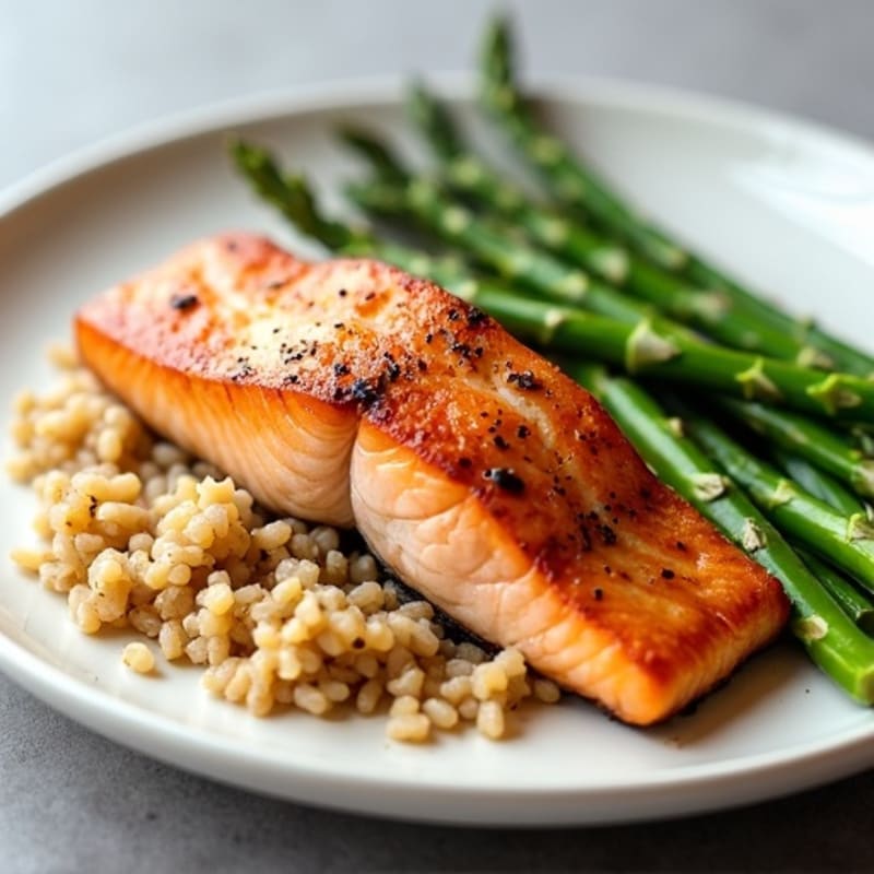 Seared Salmon with Steamed Asparagus and Brown Rice