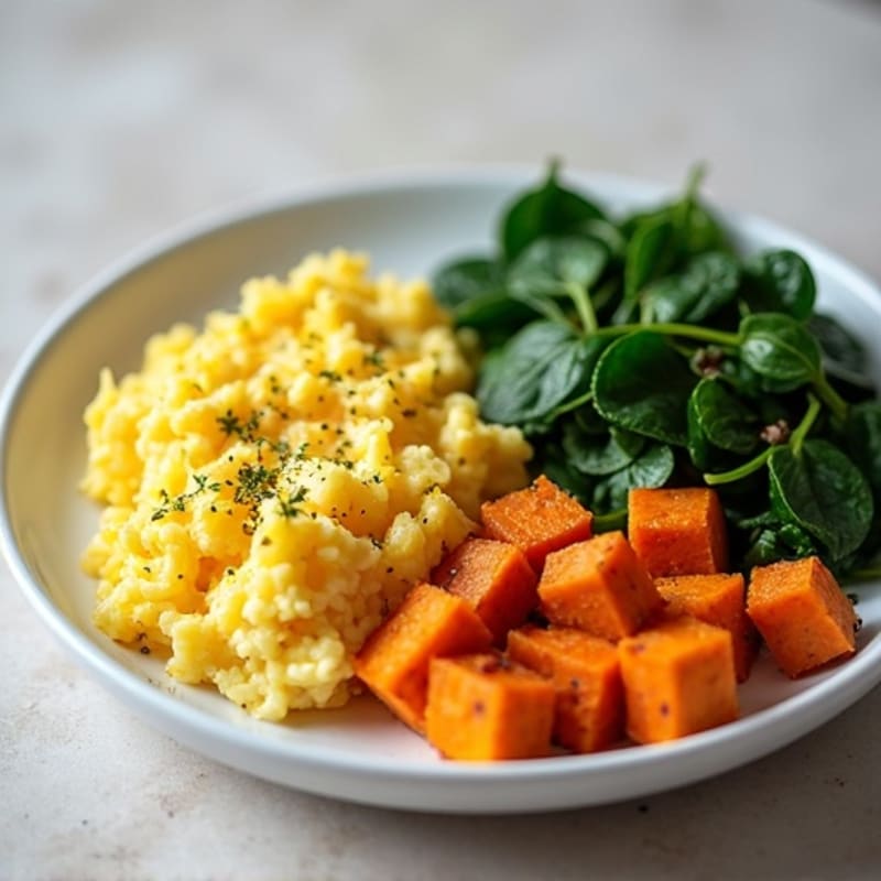 Protein-Packed Scrambled Eggs with Fresh Sautéed Spinach and Crispy Sweet Potato Hash