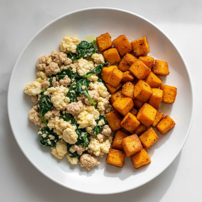 Egg White and Turkey Spinach Scramble with Roasted Sweet Potatoes