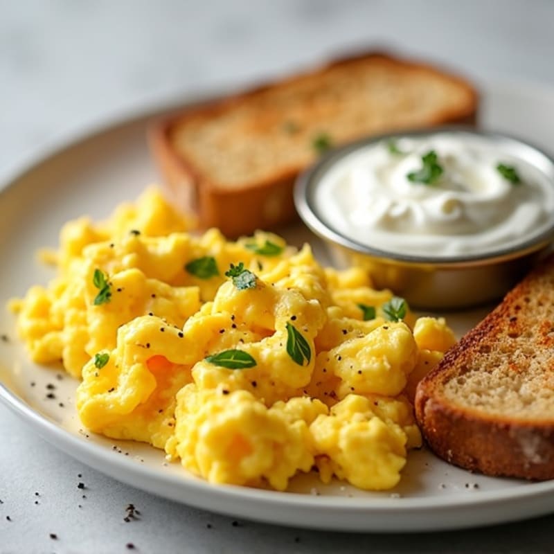 Fluffy Scrambled Eggs with Crispy Sourdough Toast and Creamy Yogurt