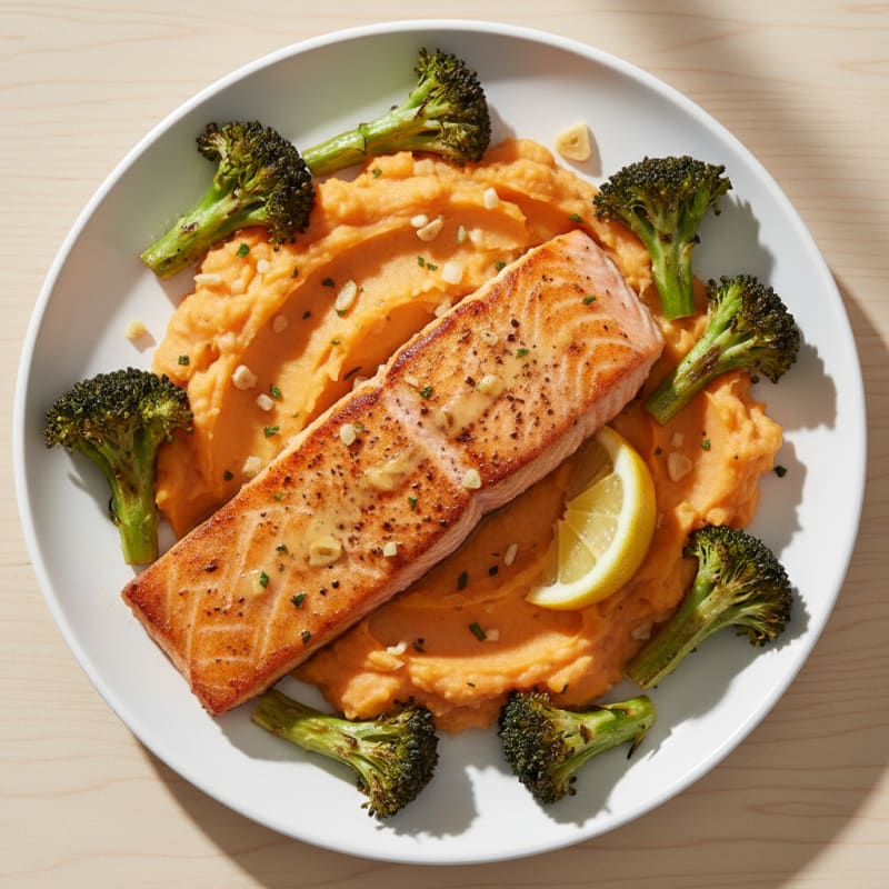 Seared Salmon with Roasted Broccoli and Garlic Mashed Sweet Potatoes