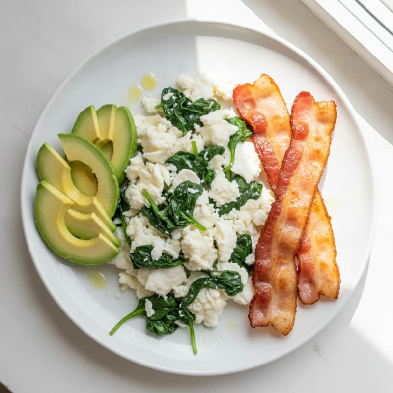 Crispy Turkey Bacon and Egg White Scramble with Sautéed Spinach