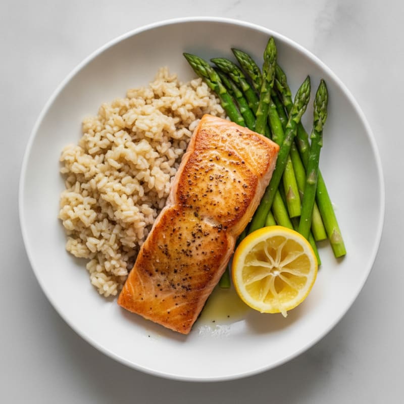 Seared Salmon with Steamed Asparagus and Brown Rice