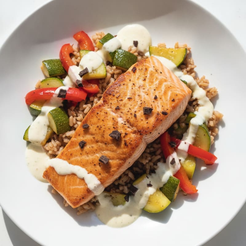 Seared Salmon with Garlic Sautéed Vegetables and Rice