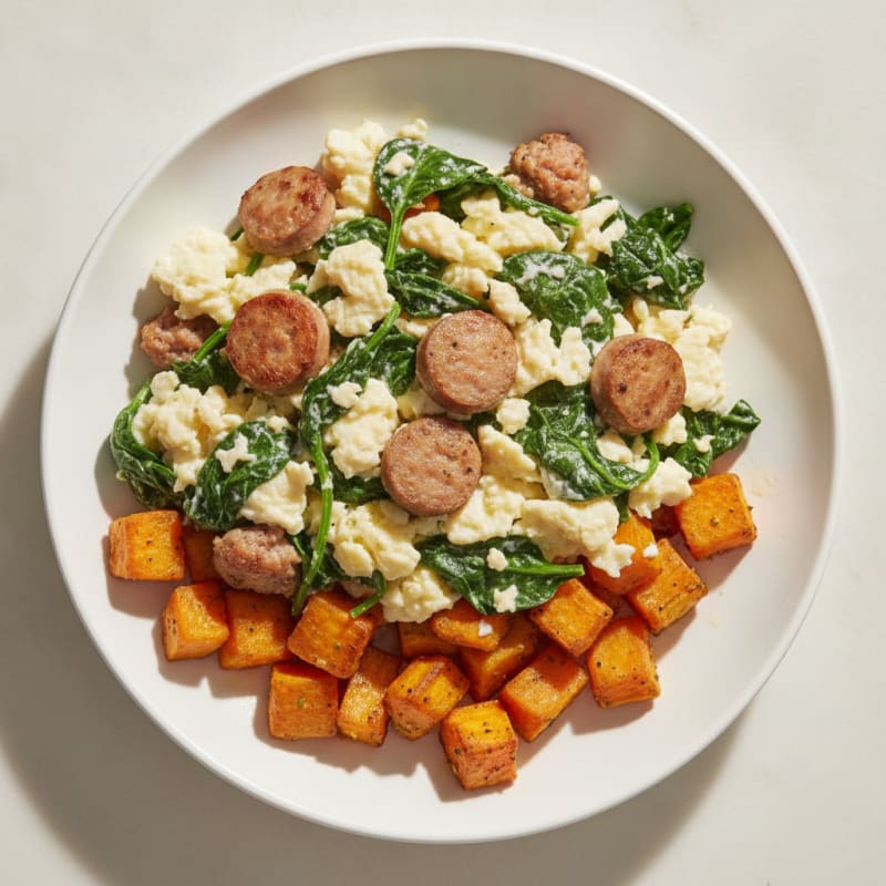 Egg White and Turkey Sausage Scramble with Spinach and Roasted Sweet Potato