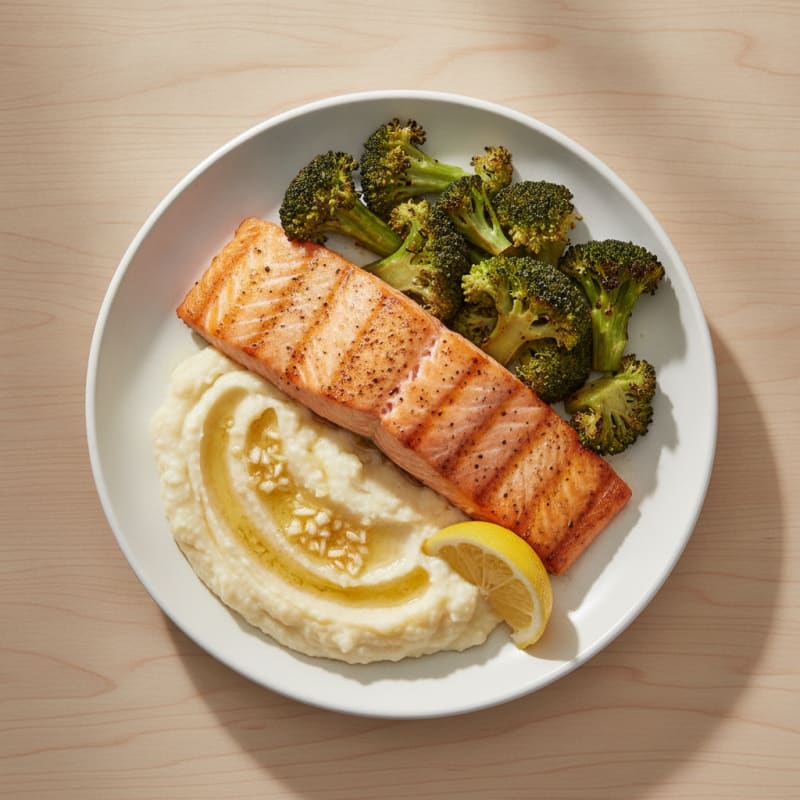 Seared Salmon with Roasted Broccoli and Garlic Mashed Cauliflower