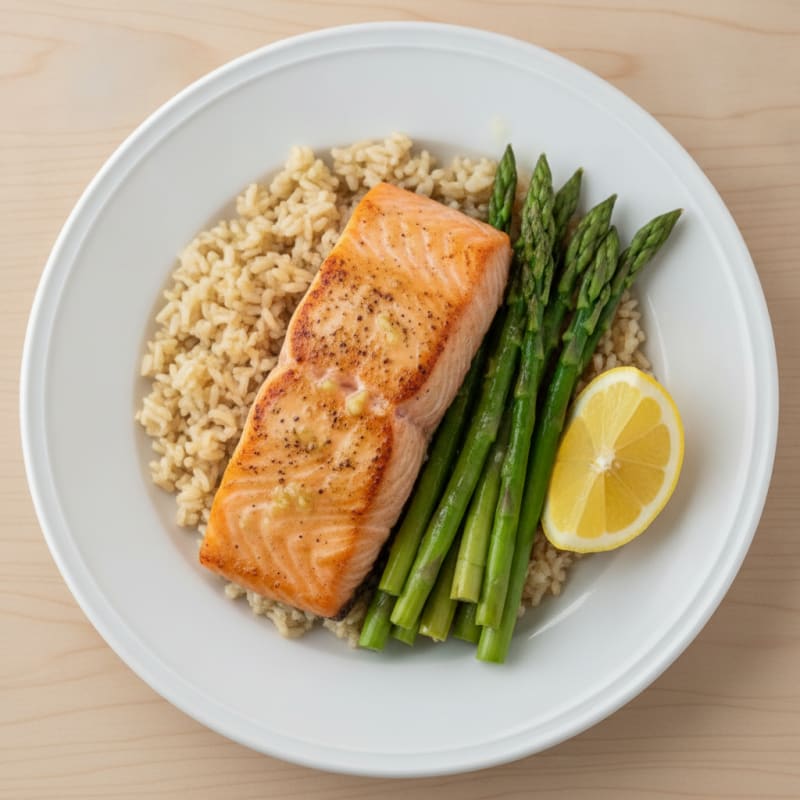 Seared Salmon Fillet with Steamed Asparagus and Brown Rice