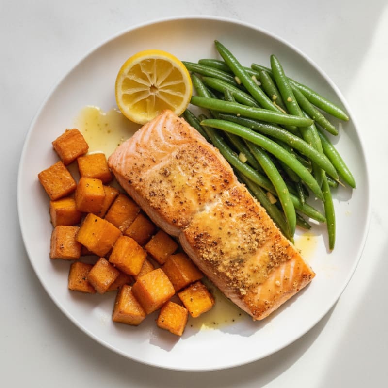 Seared Salmon with Roasted Sweet Potatoes and Green Beans