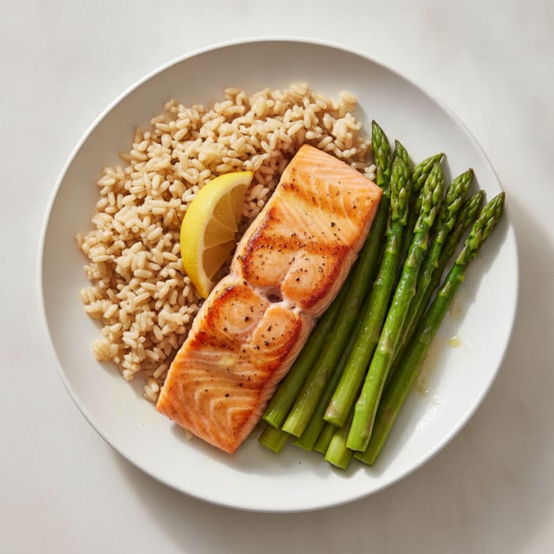 Seared Salmon with Steamed Asparagus and Brown Rice