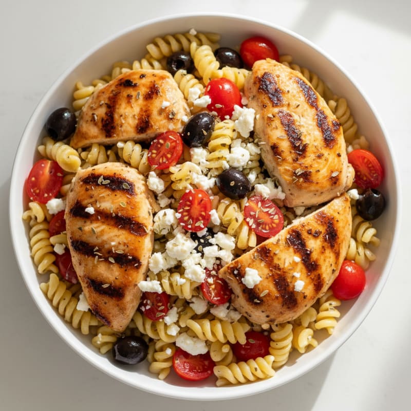 Grilled Chicken Pasta Salad with Cherry Tomatoes and Olives