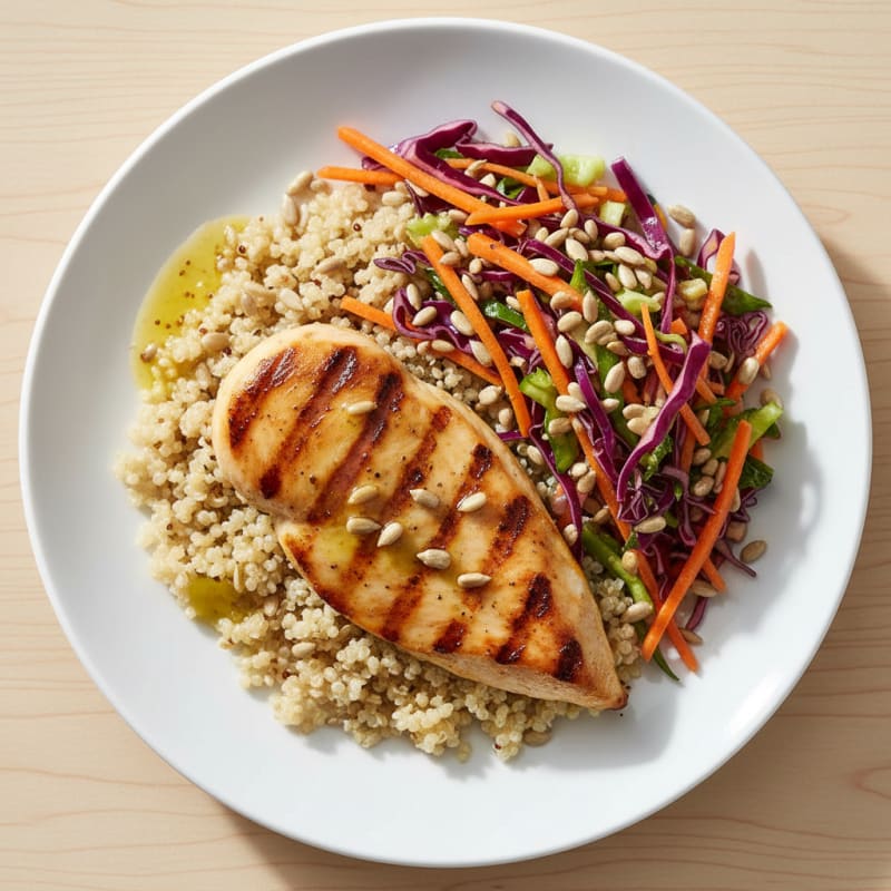 Grilled Chicken Breast with Crunchy Vegetable Slaw and Quinoa