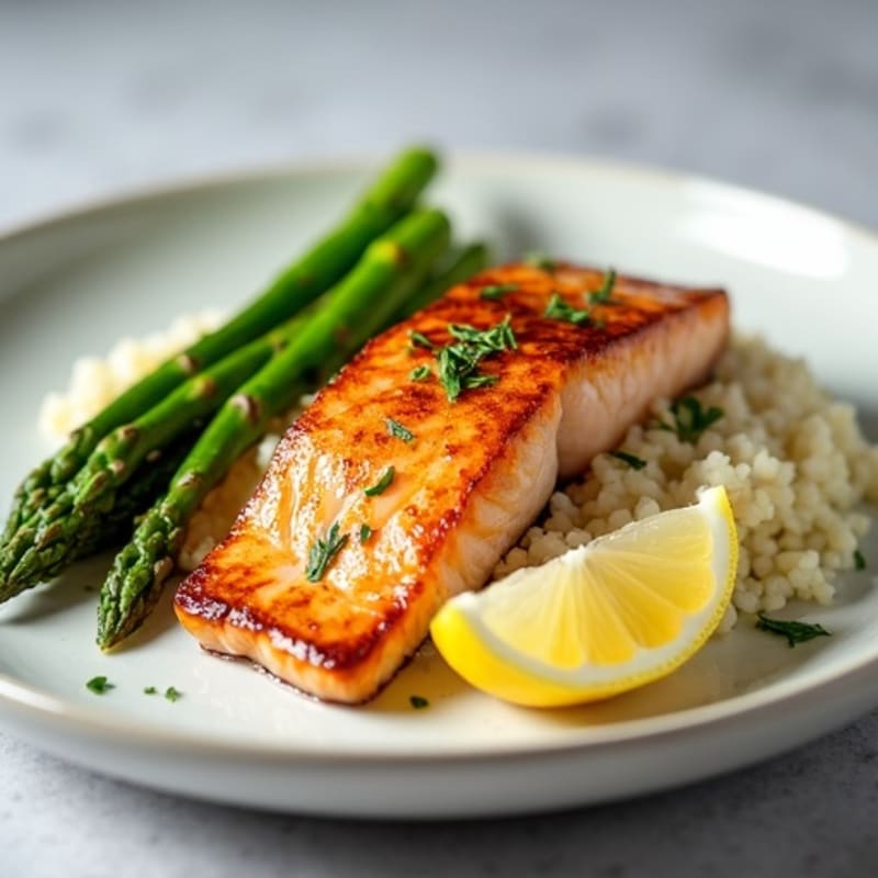 Seared Salmon Filet with Steamed Asparagus and Cauliflower Rice