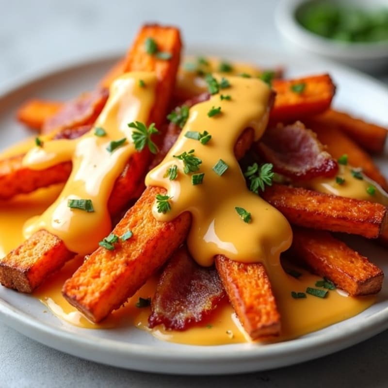 Crispy Baked Sweet Potato Fries with Smoky Bacon and Creamy Cheesy Sauce