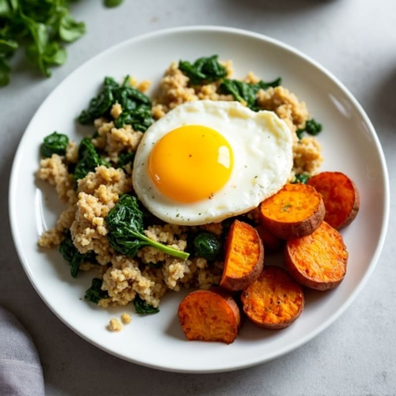 Egg White and Turkey Spinach Scramble with Roasted Sweet Potatoes