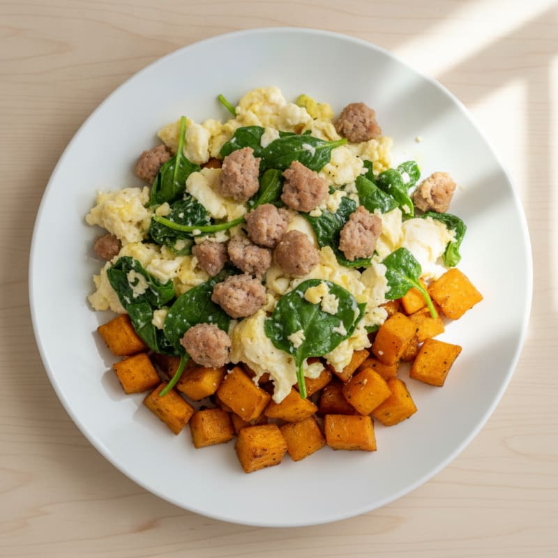 Egg White and Turkey Sausage Scramble with Spinach and Roasted Sweet Potato