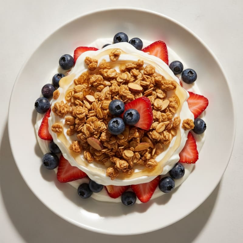 Greek Yogurt Parfait with Crunchy Almond Granola and Fresh Berries