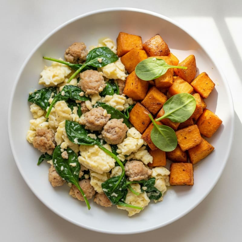 Egg White and Turkey Sausage Scramble with Spinach and Roasted Sweet Potato