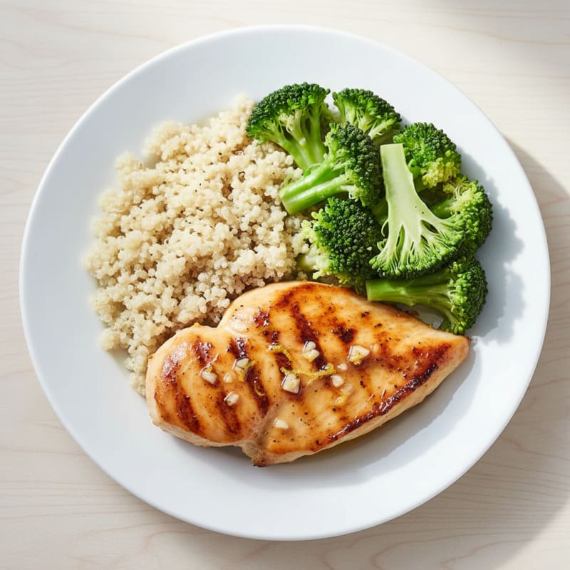 Grilled Lemon Garlic Chicken Breast with Steamed Broccoli and Quinoa