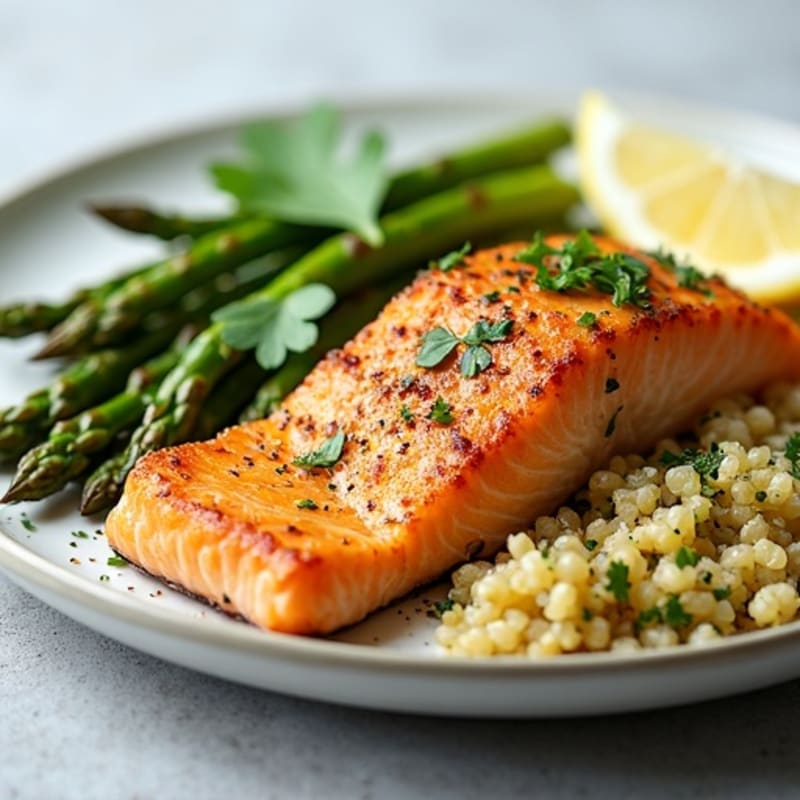Crispy Pan-Seared Salmon with Roasted Asparagus and Lemon-Herb Quinoa