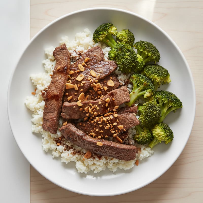 Seared Lean Beef Strips with Steamed Broccoli and Cauliflower Rice