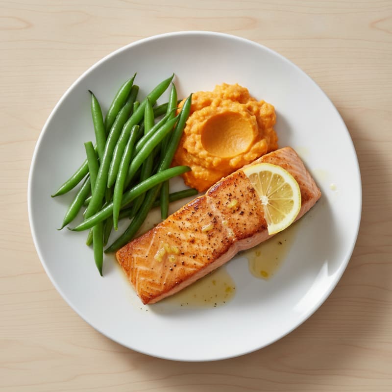 Seared Salmon with Steamed Green Beans and Sweet Potato Mash