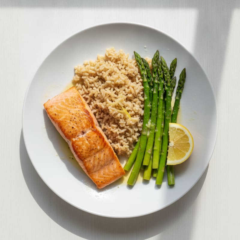 Seared Salmon with Steamed Asparagus and Brown Rice