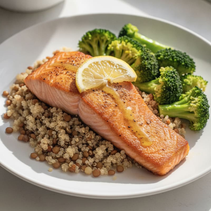 Seared Salmon with Steamed Broccoli and Quinoa