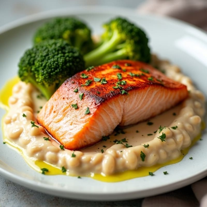 Seared Salmon with Creamy White Bean Mash and Roasted Broccoli