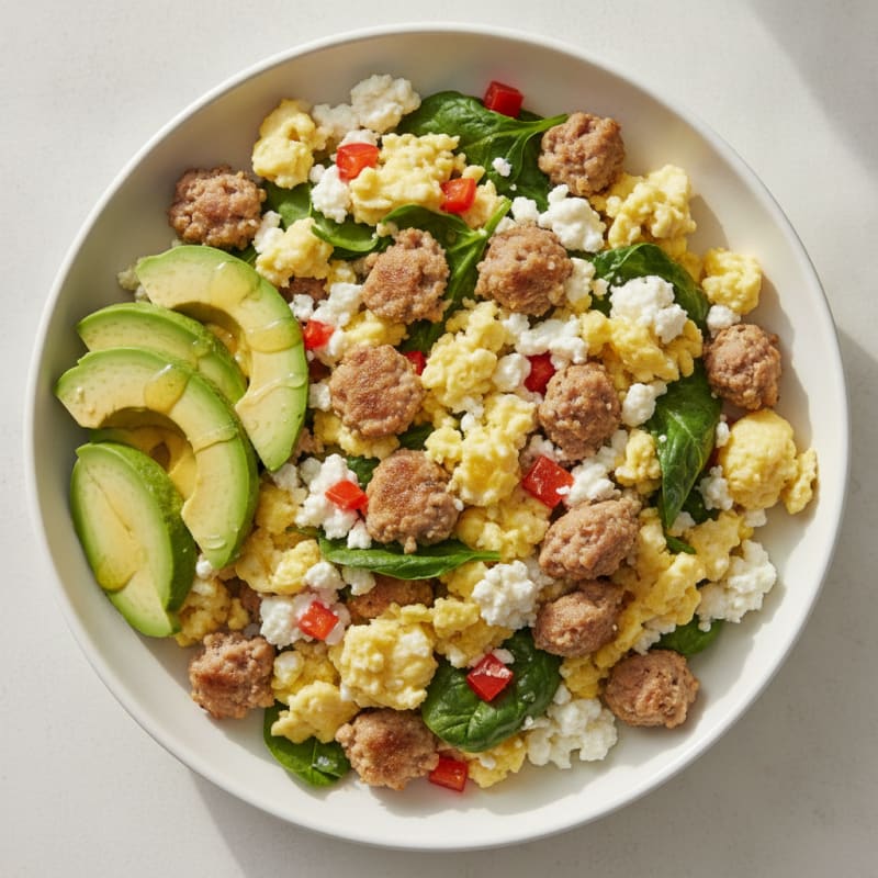Scrambled Eggs with Turkey Sausage and Cottage Cheese
