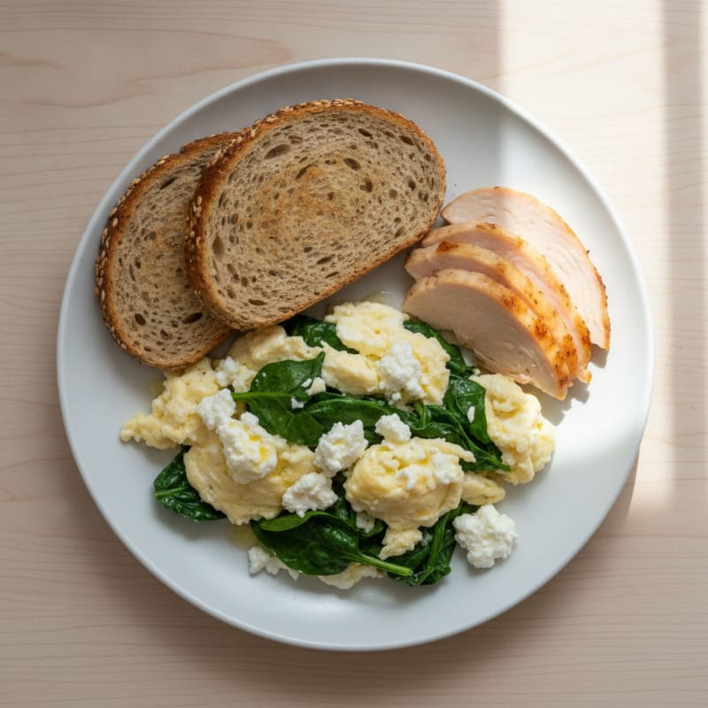 Egg White and Spinach Scramble with Cottage Cheese and Sliced Turkey