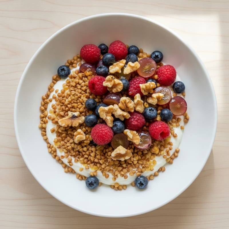 Greek Yogurt with Buckwheat Flakes and Mixed Berries