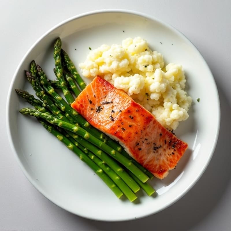 Seared Salmon with Steamed Asparagus and Mashed Cauliflower