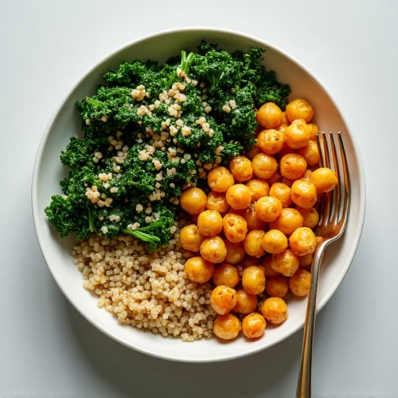 Crispy Lemon Herb Roasted Chickpeas with Sautéed Greens and Quinoa