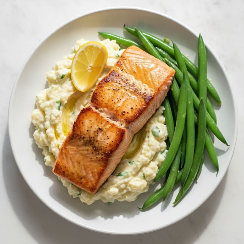 Seared Salmon Fillet with Steamed Green Beans and Garlic Mashed Cauliflower