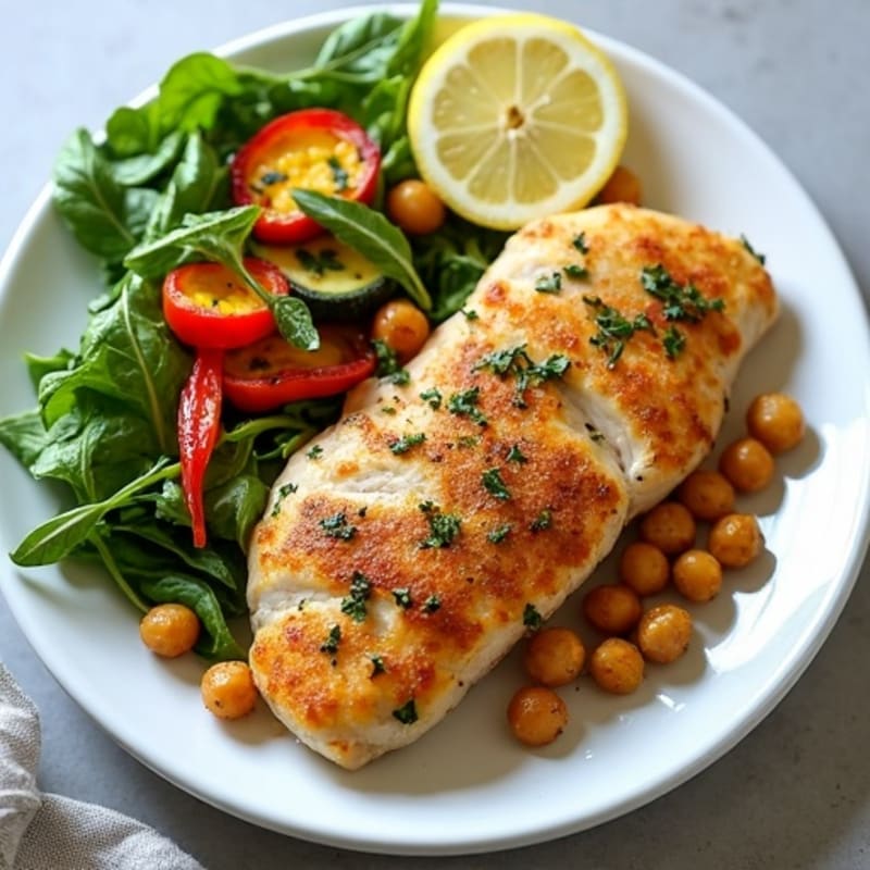 Lemon-Herb Chicken with Fresh Greens, Roasted Vegetables, and Crispy Chickpeas