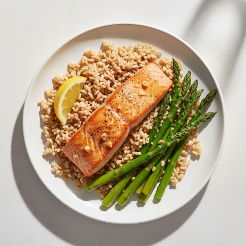 Seared Salmon with Steamed Asparagus and Brown Rice