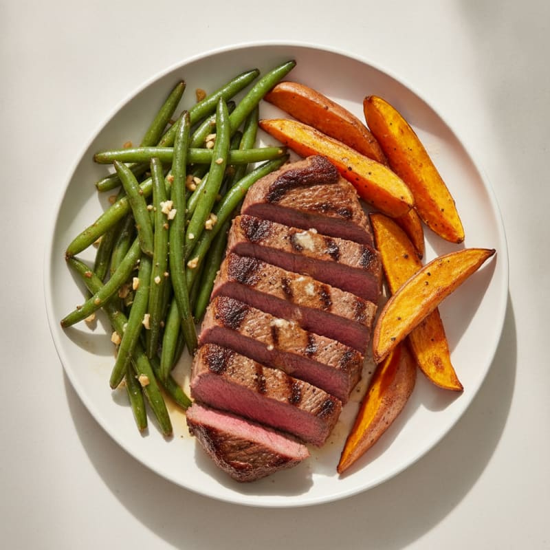 Seared Sirloin with Garlic Green Beans and Roasted Sweet Potatoes