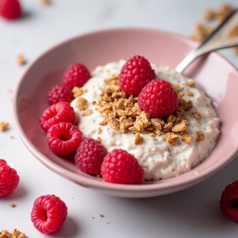 Overnight Oats with Creamy Raspberry Yogurt, Chia Seeds, and Crunchy Granola