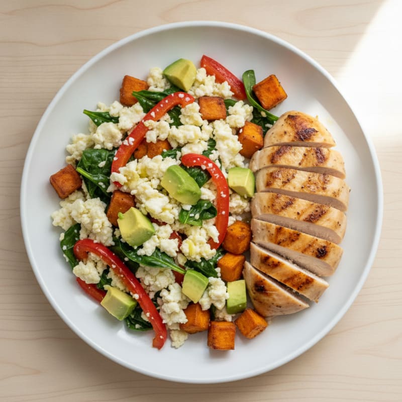 Egg White Vegetable Scramble with Grilled Chicken Breast