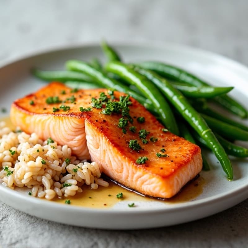 Seared Salmon with Garlic Green Beans and Brown Rice
