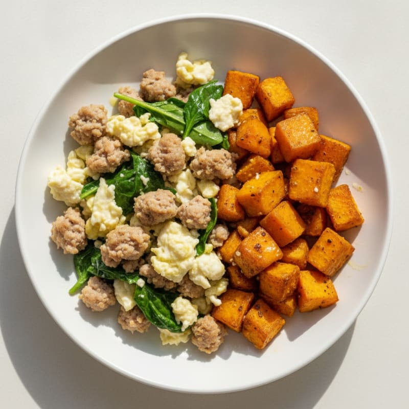Egg White and Turkey Sausage Scramble with Roasted Sweet Potatoes