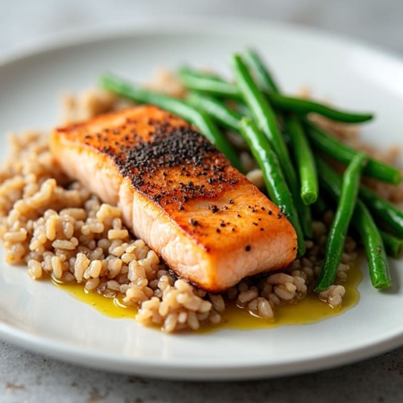 Seared Salmon with Steamed Green Beans and Brown Rice