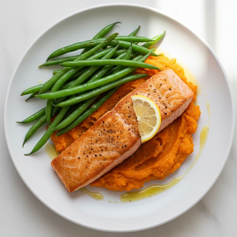 Seared Salmon with Steamed Green Beans and Sweet Potato Mash
